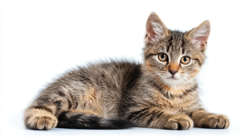 Tabby kitten lying on white background