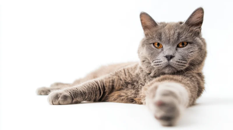 Grey british short hair cat lying down with front paw extended on white background