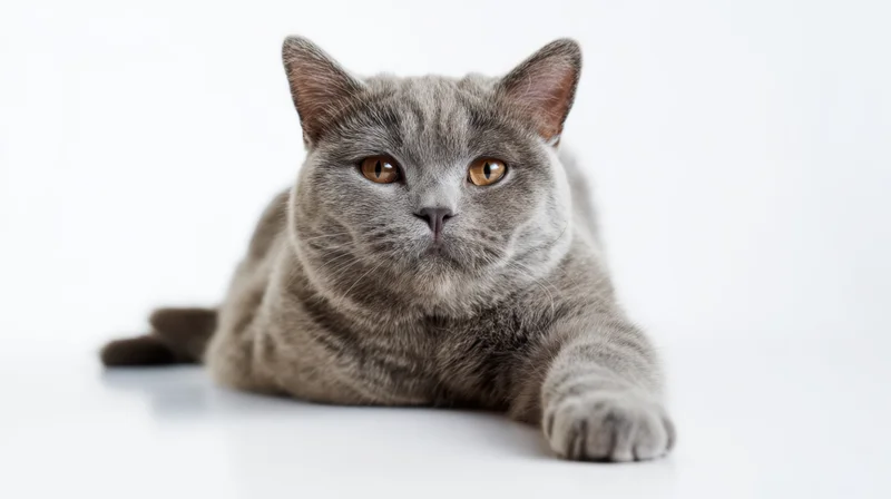 Grey british short hair cat lying on white surface in studio portrait