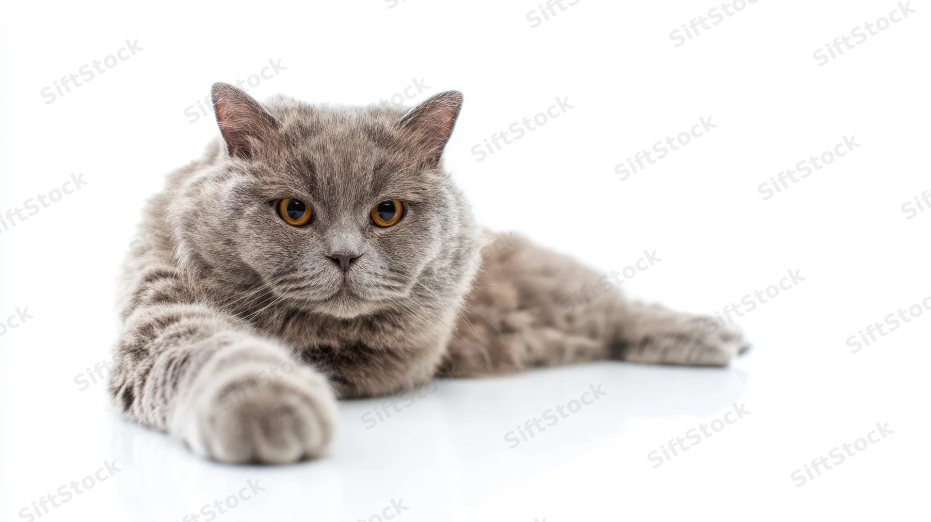 Grey british short hair cat lying down with front paw extended on white background