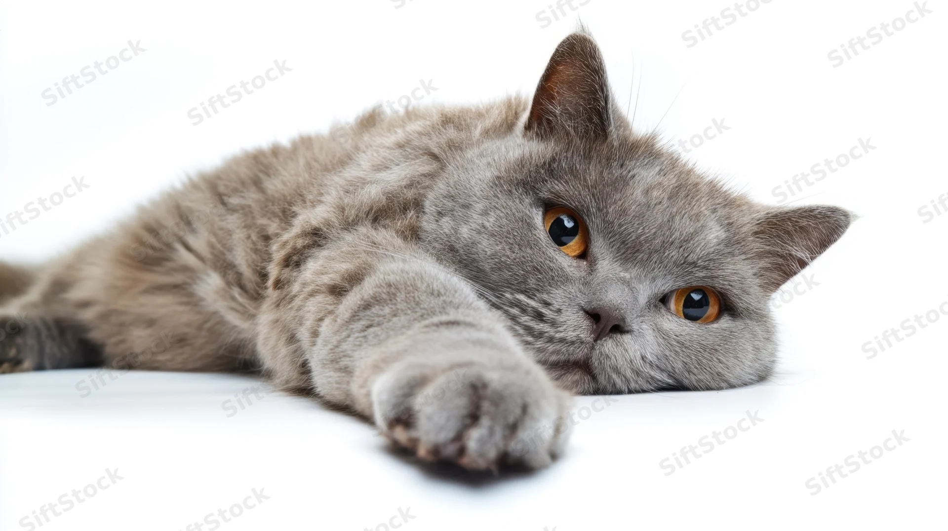 Grey british short hair cat lying on white background with paw extended and orange eyes looking forward