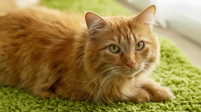 Fluffy orange tabby cat lying on green rug indoors