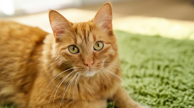 Orange tabby cat lying on green rug indoors, looking at camera with alert gaze