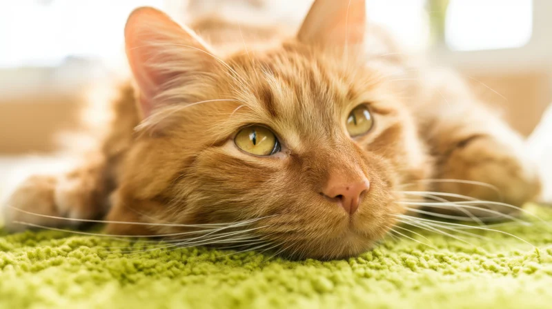Orange tabby cat lying on green knitted rug indoors