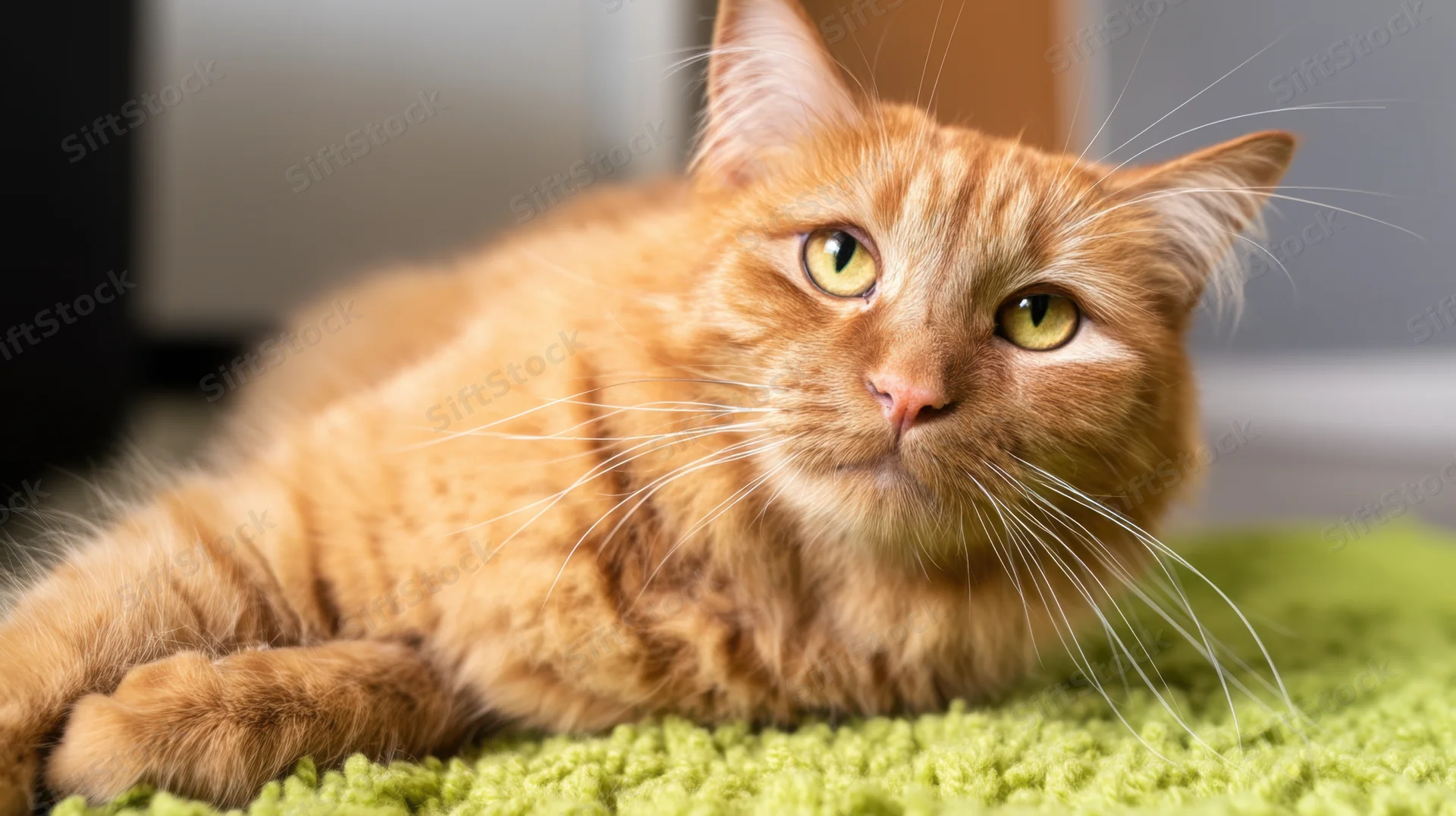 Orange tabby cat lying on green rug indoors
