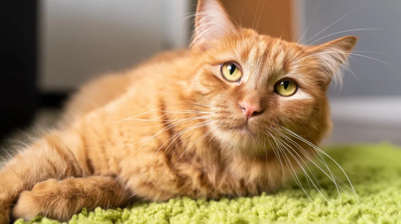Orange tabby cat lying on green rug indoors