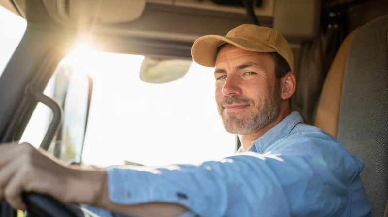 Truck driver smiling while driving inside vehicle cab