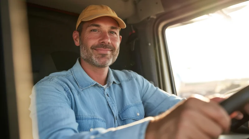 Smiling truck driver holding steering wheel inside vehicle cab