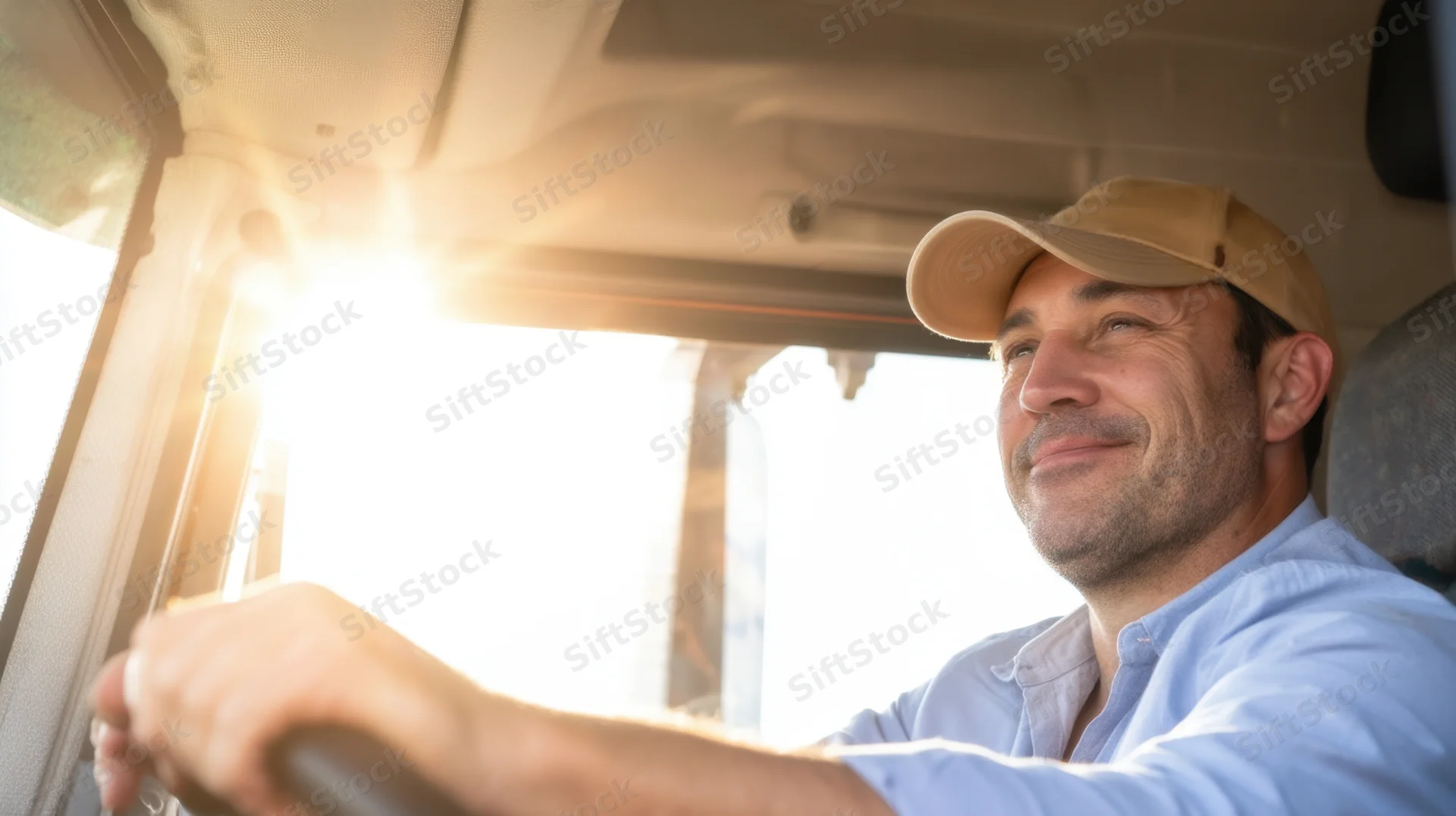 Smiling truck driver holding steering wheel inside vehicle with sunlight streaming through window