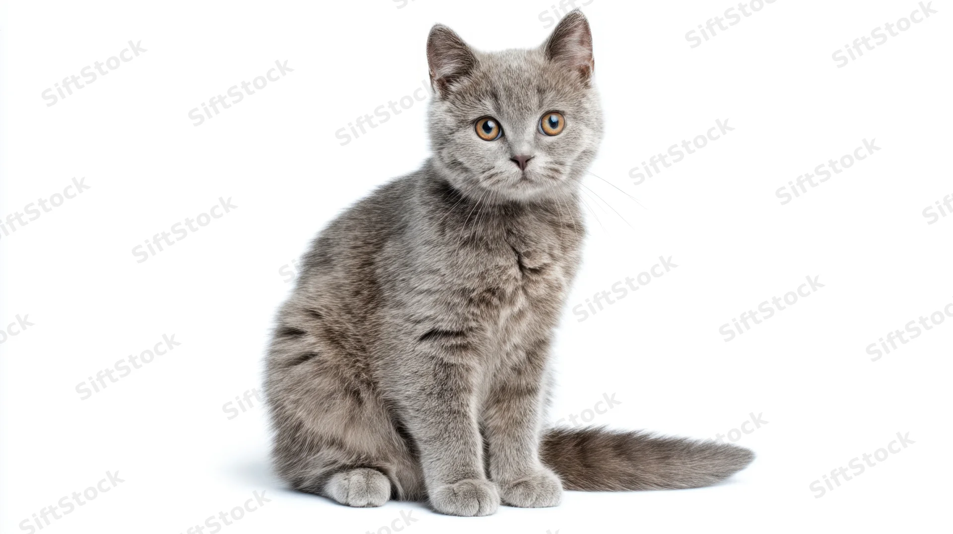 Gray british shorthair cat sitting alertly on white background
