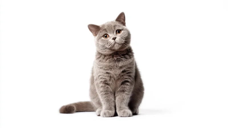 Gray british shorthair cat sitting upright on white background with focused gaze
