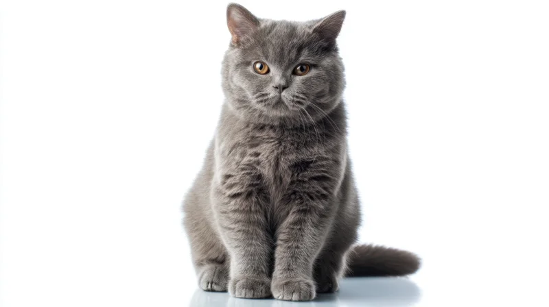 Gray british shorthair cat sitting in studio portrait on white background