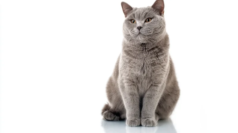 Gray british shorthair cat sitting in studio portrait on white background