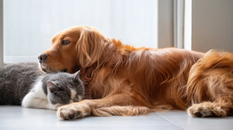 Gray and white cat cuddling with golden retriever on floor near window