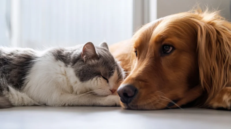 Gray and white cat cuddling with brown dog on floor indoors
