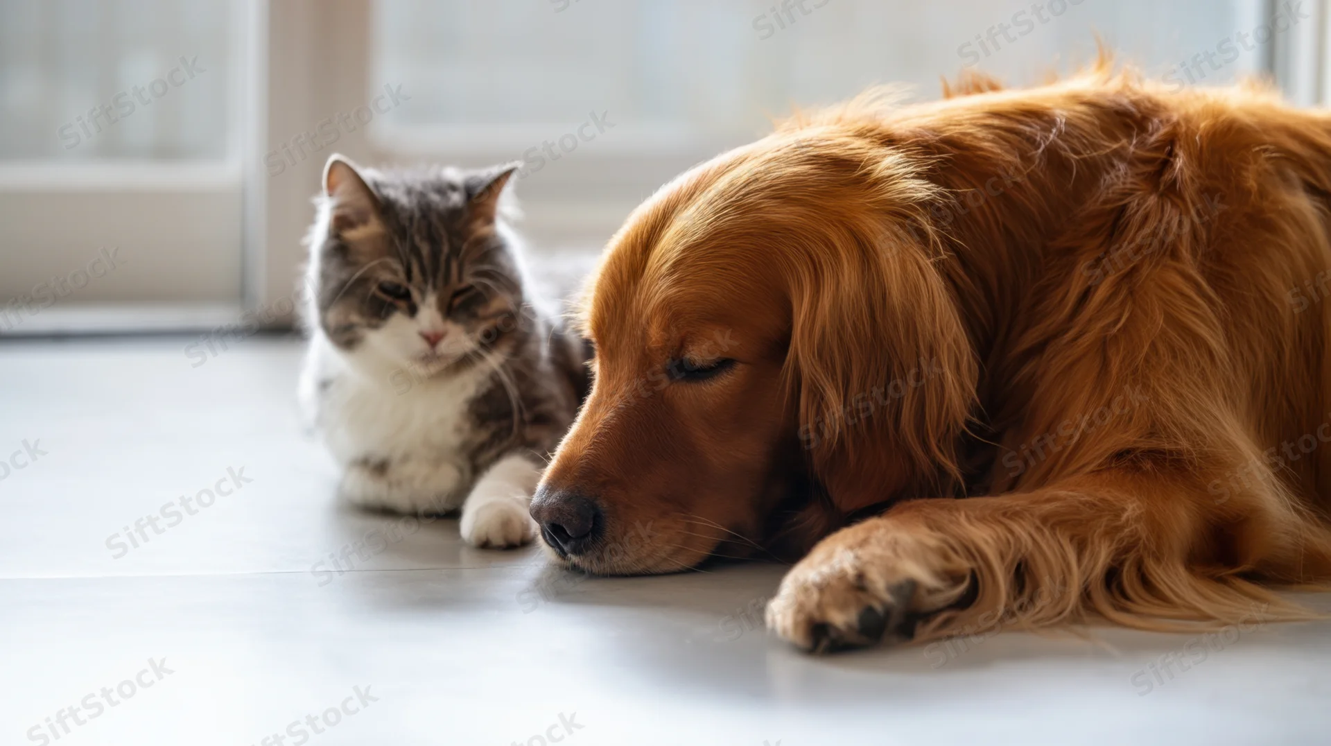 Golden retriever resting beside a tabby cat on a tiled floor near a window