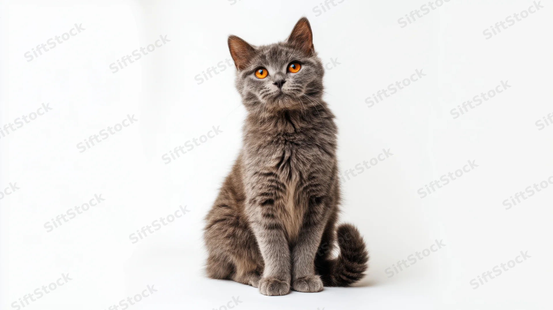 Gray cat sitting alertly on white background looking up