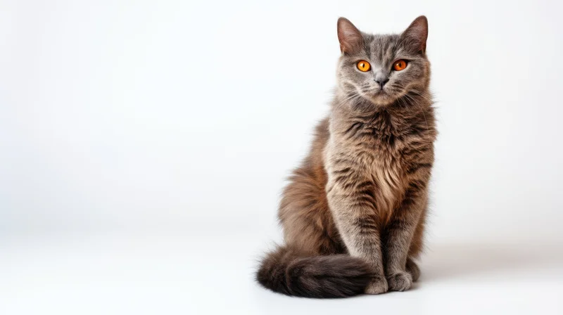 Gray cat sitting alertly on white background with orange eyes