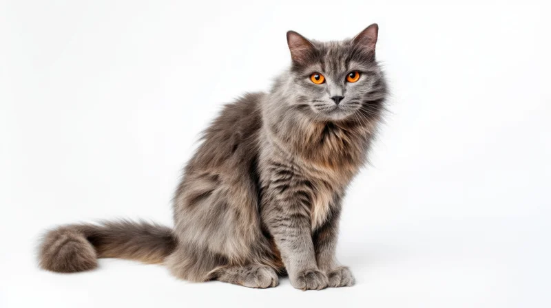 Gray cat with orange eyes sitting in studio on white background