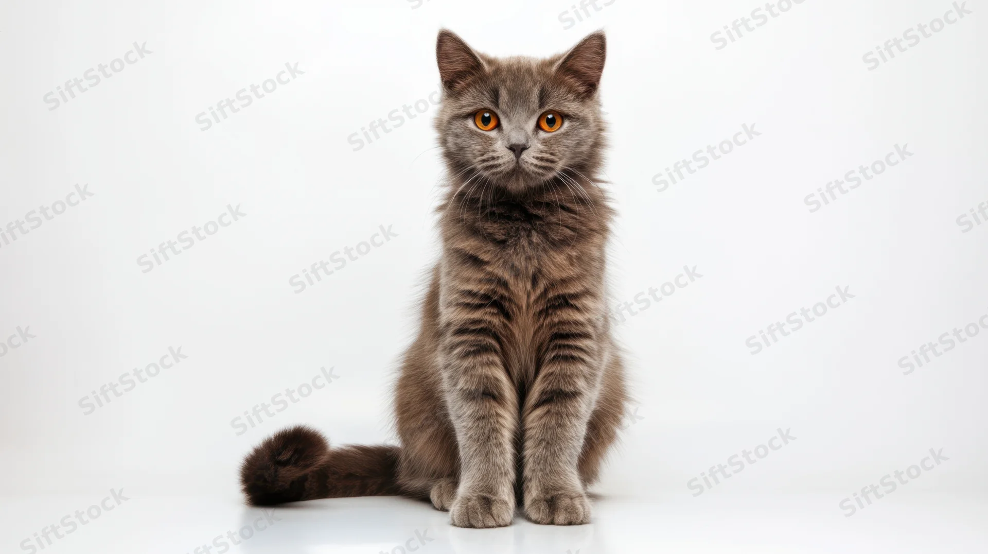 Gray cat with orange eyes sitting alertly in a studio on white background