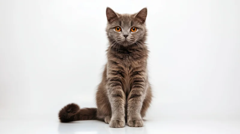 Gray cat with orange eyes sitting alertly in a studio on white background