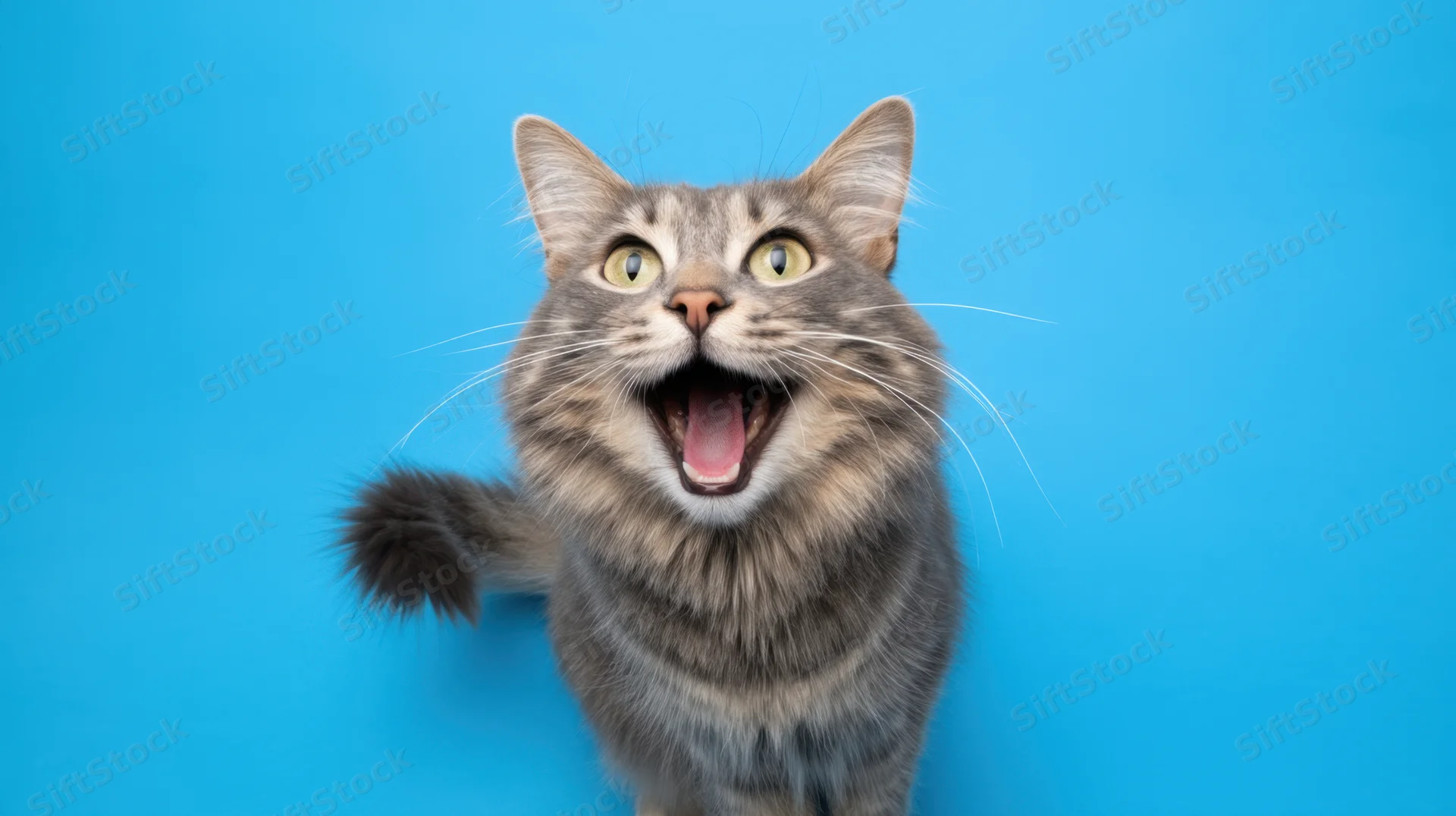 Grey tabby cat meowing with wide eyes and open mouth against blue background