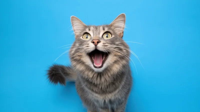 Grey tabby cat meowing with wide eyes and open mouth against blue background