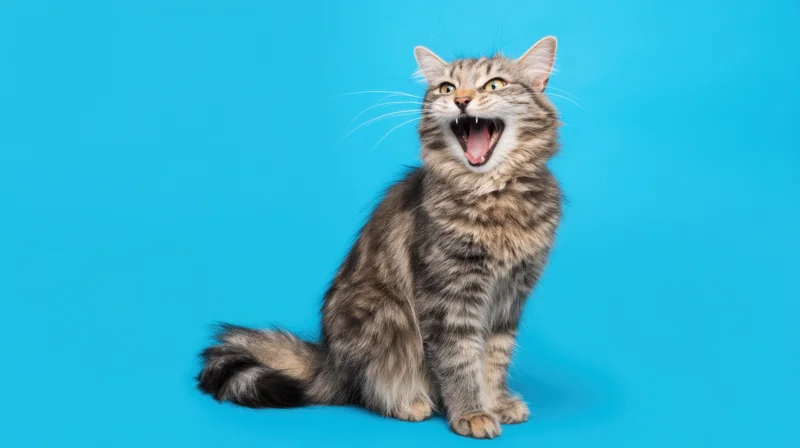 Tabby cat sitting and yawning with mouth open against blue background