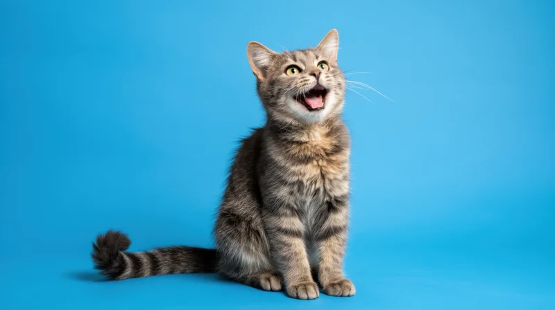 Grey tabby kitten sitting with open mouth looking up against blue studio background