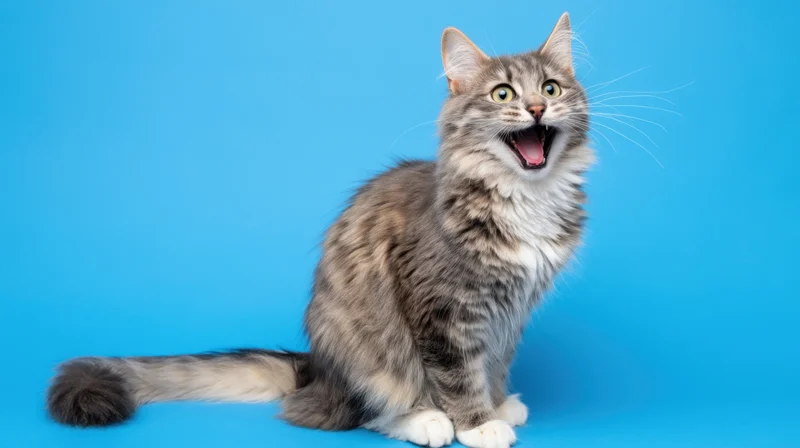 Grey tabby cat sitting with open mouth against blue background