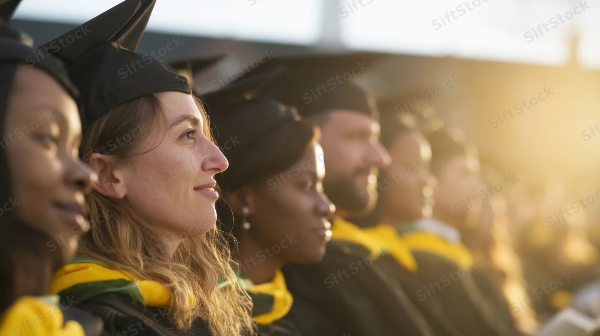 Graduates in caps and gowns lined up outdoors during golden hour, smiling and focused, wearing yellow and green stoles