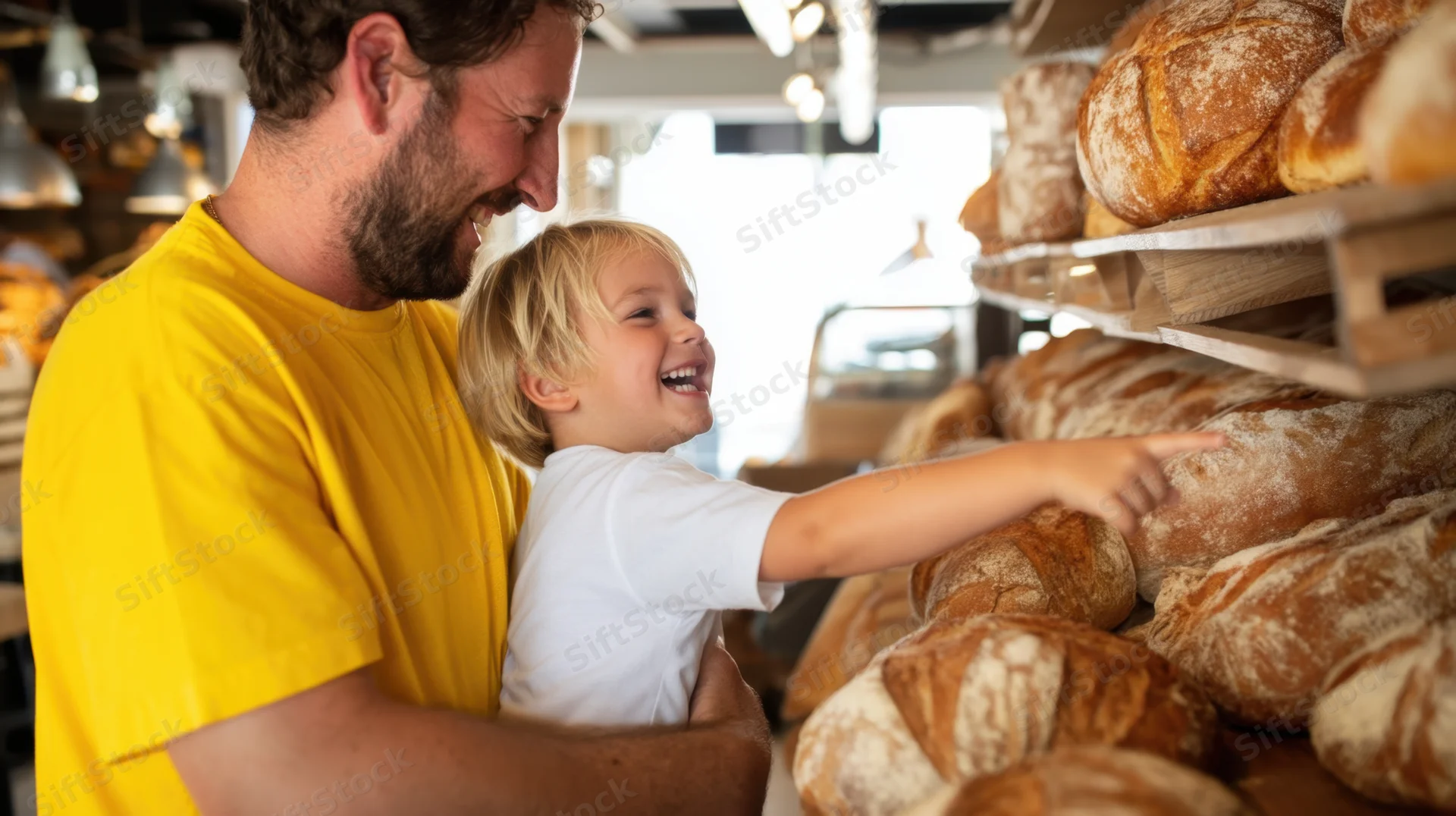 Father holding laughing child pointing at bread loaves in bakery display