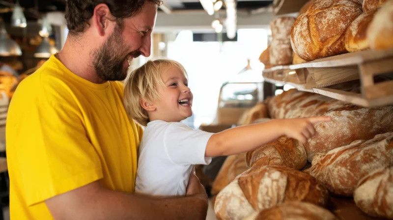 Father holding laughing child pointing at bread loaves in bakery display