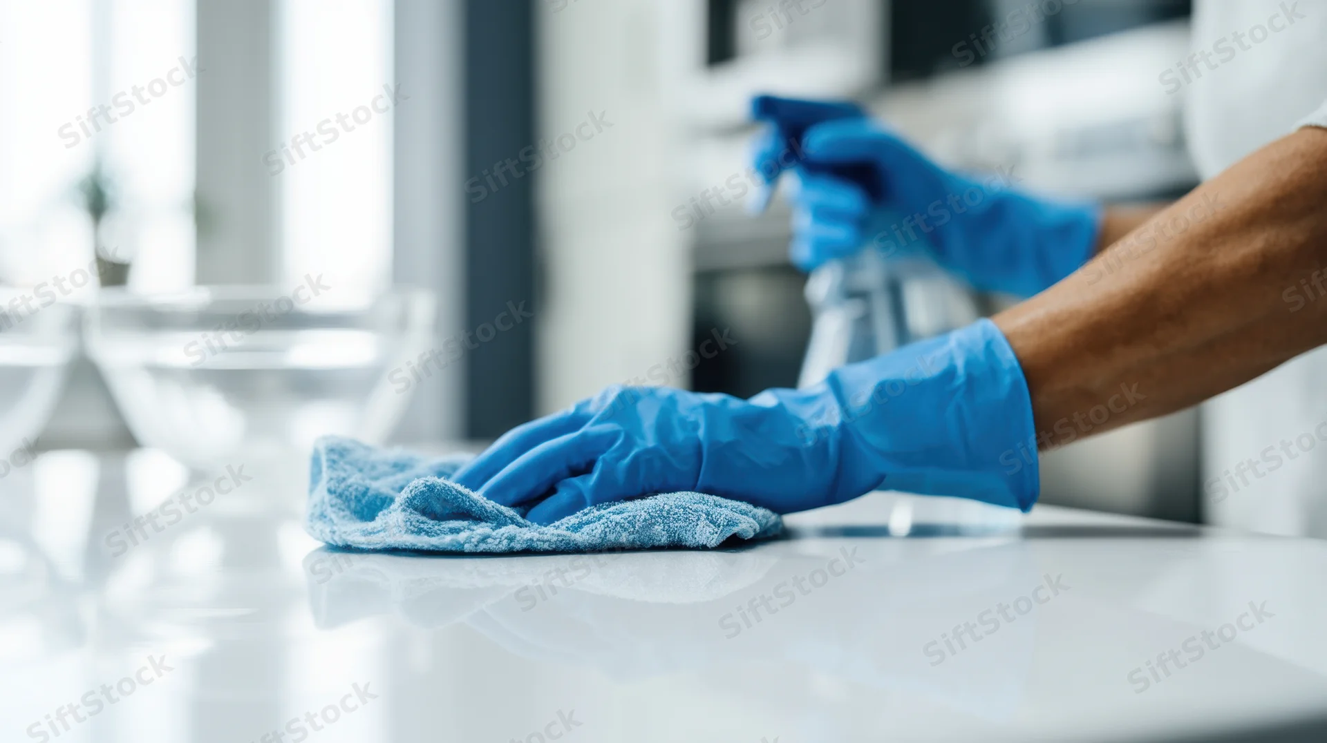 Man in blue gloves wiping kitchen countertop with cloth while holding spray bottle