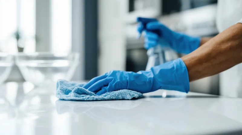 Man in blue gloves wiping kitchen countertop with cloth while holding spray bottle