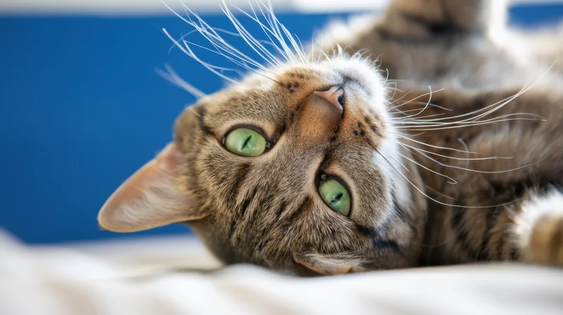 Tabby cat lying on its back with green eyes looking up, indoors on soft surface