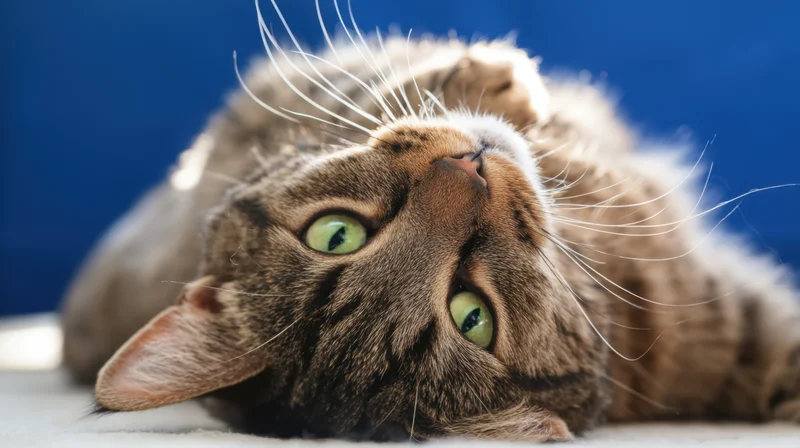 Playful tabby cat lying on its back with green eyes looking up against a blue background