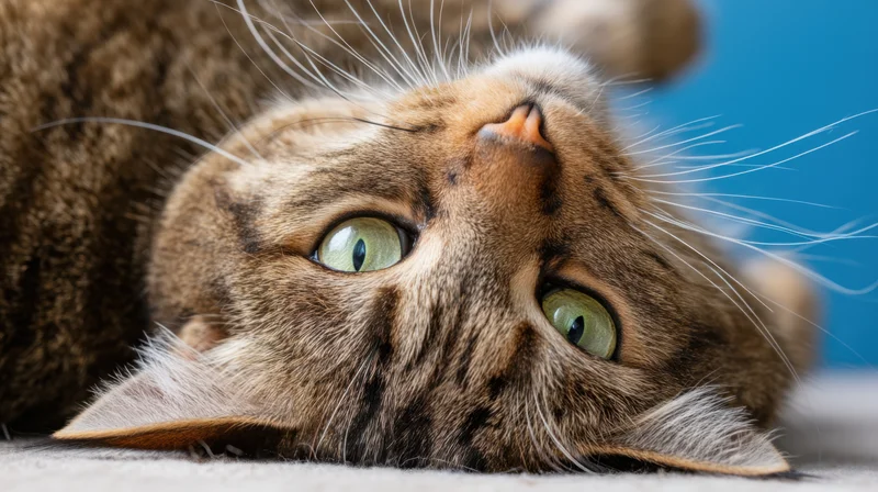 Playful tabby cat lying on carpet with green eyes looking up indoors