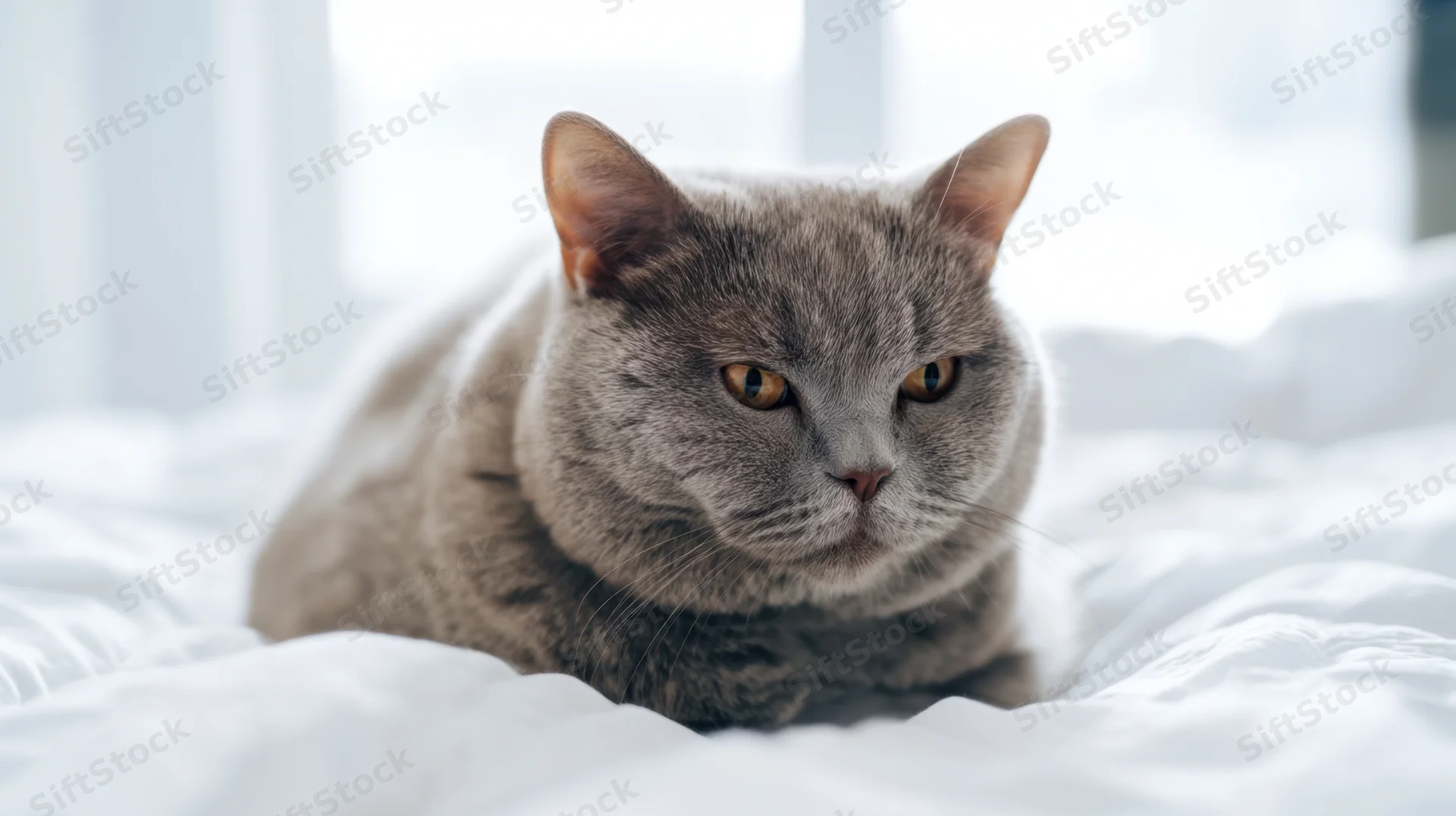 Grey british shorthair cat resting on white bedding in a sunlit bedroom
