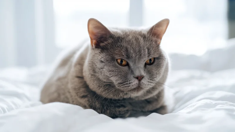 Grey british shorthair cat resting on white bedding in a sunlit bedroom
