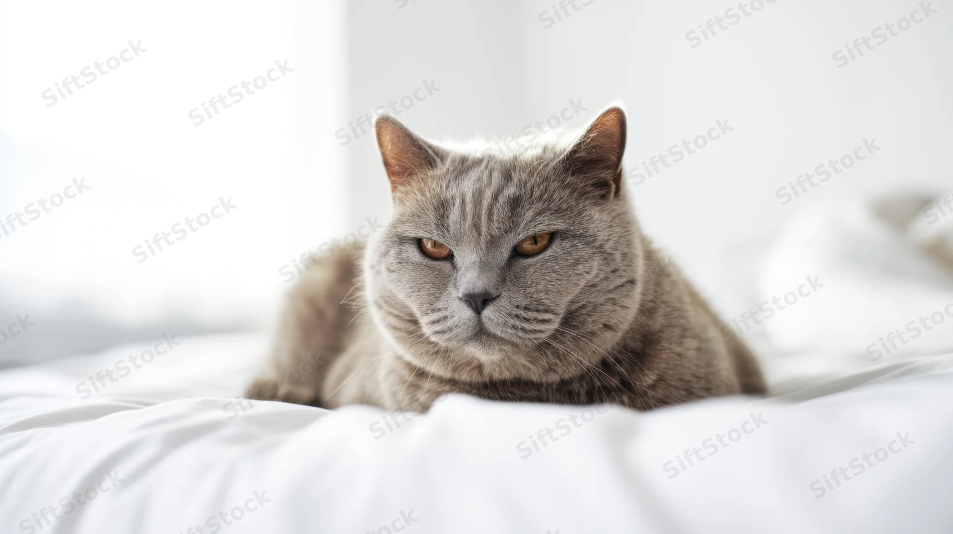 Grey british shorthair cat lying on white bedspread in bedroom