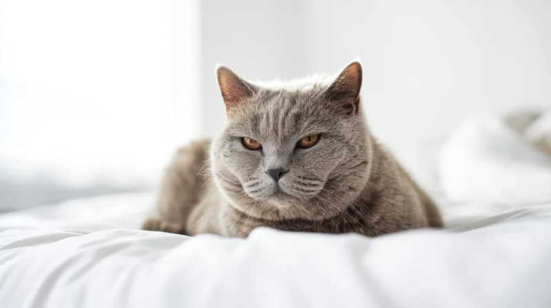 Grey british shorthair cat lying on white bedspread in bedroom