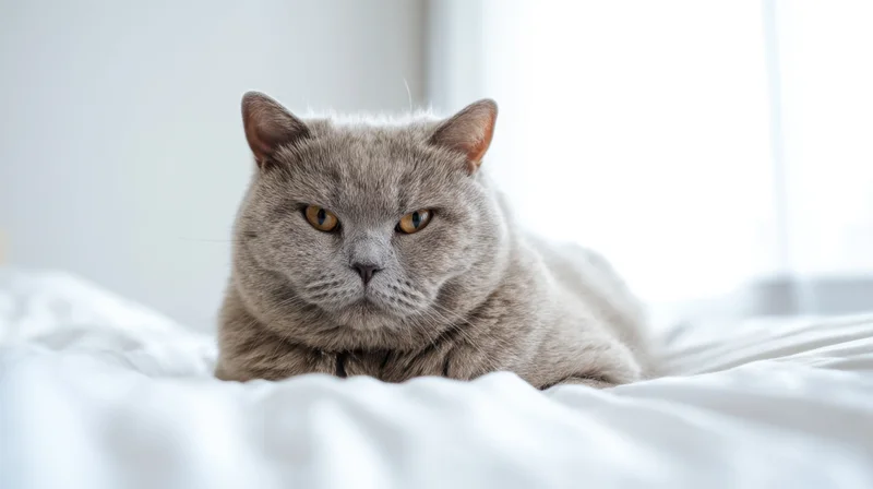 Grey british shorthair cat lying on white bedspread indoors