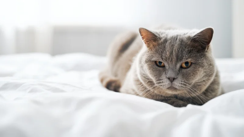 Grey british shorthair cat lying on white bedding in a bedroom