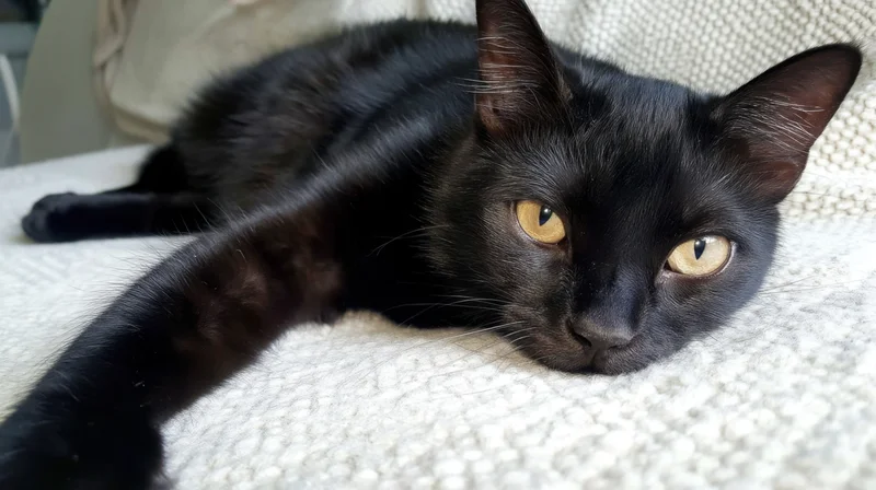 Black cat lying on a white knitted cushion indoors, gazing at camera with gold eyes