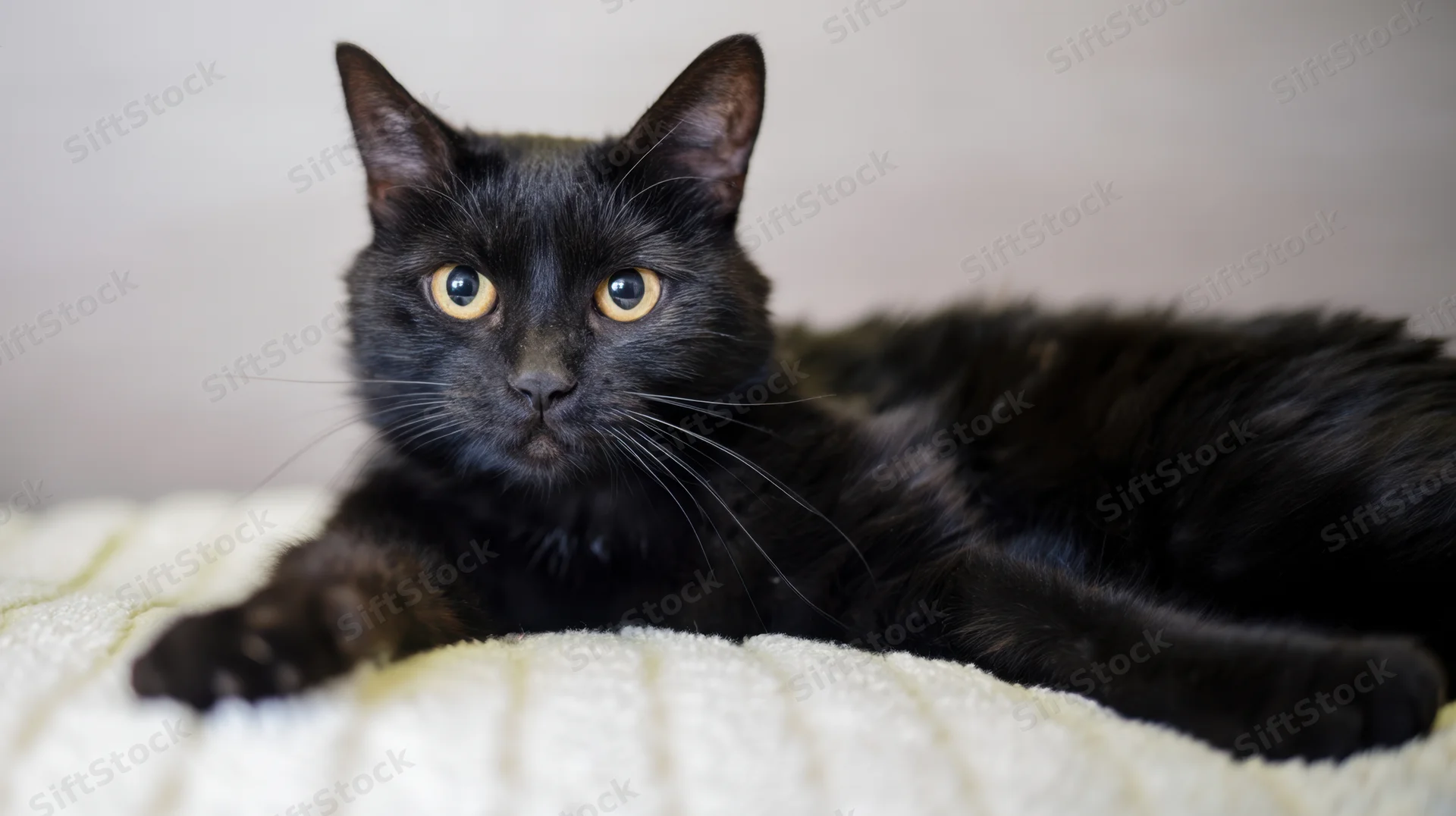 Black cat lying on white blanket indoors, looking at camera with gold eyes