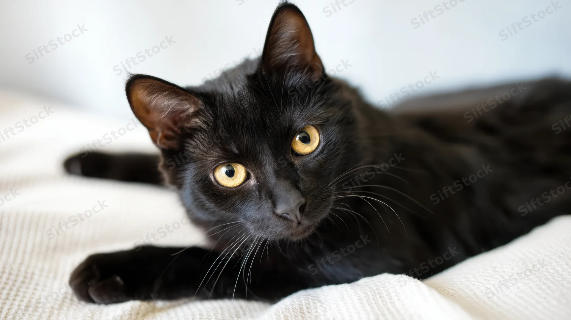 Black cat lying on white knitted blanket indoors, looking alert with gold eyes