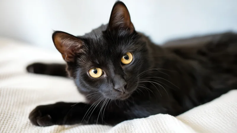 Black cat lying on white knitted blanket indoors, looking alert with gold eyes