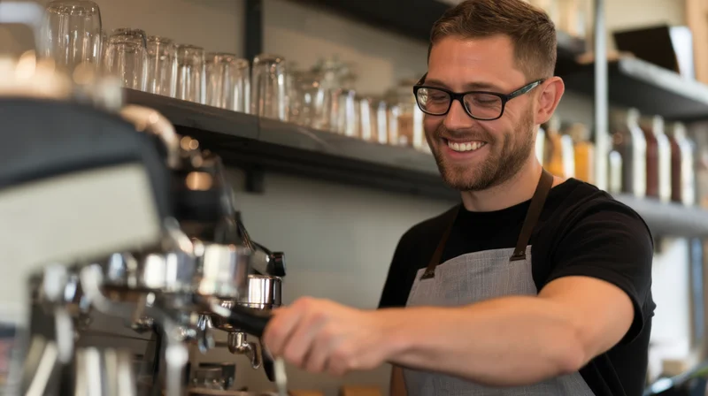 Smiling barista operating espresso machine in a cafe