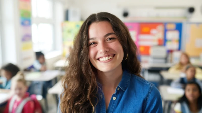 Smiling female teacher in a classroom with students at desks